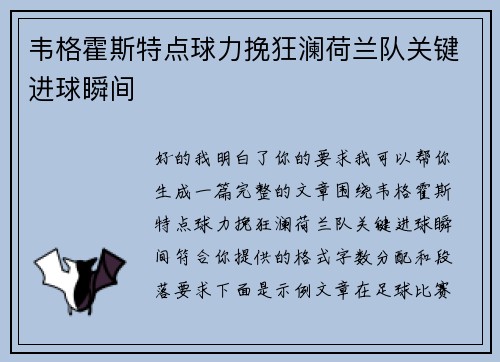 韦格霍斯特点球力挽狂澜荷兰队关键进球瞬间