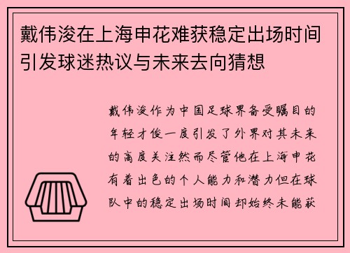 戴伟浚在上海申花难获稳定出场时间引发球迷热议与未来去向猜想